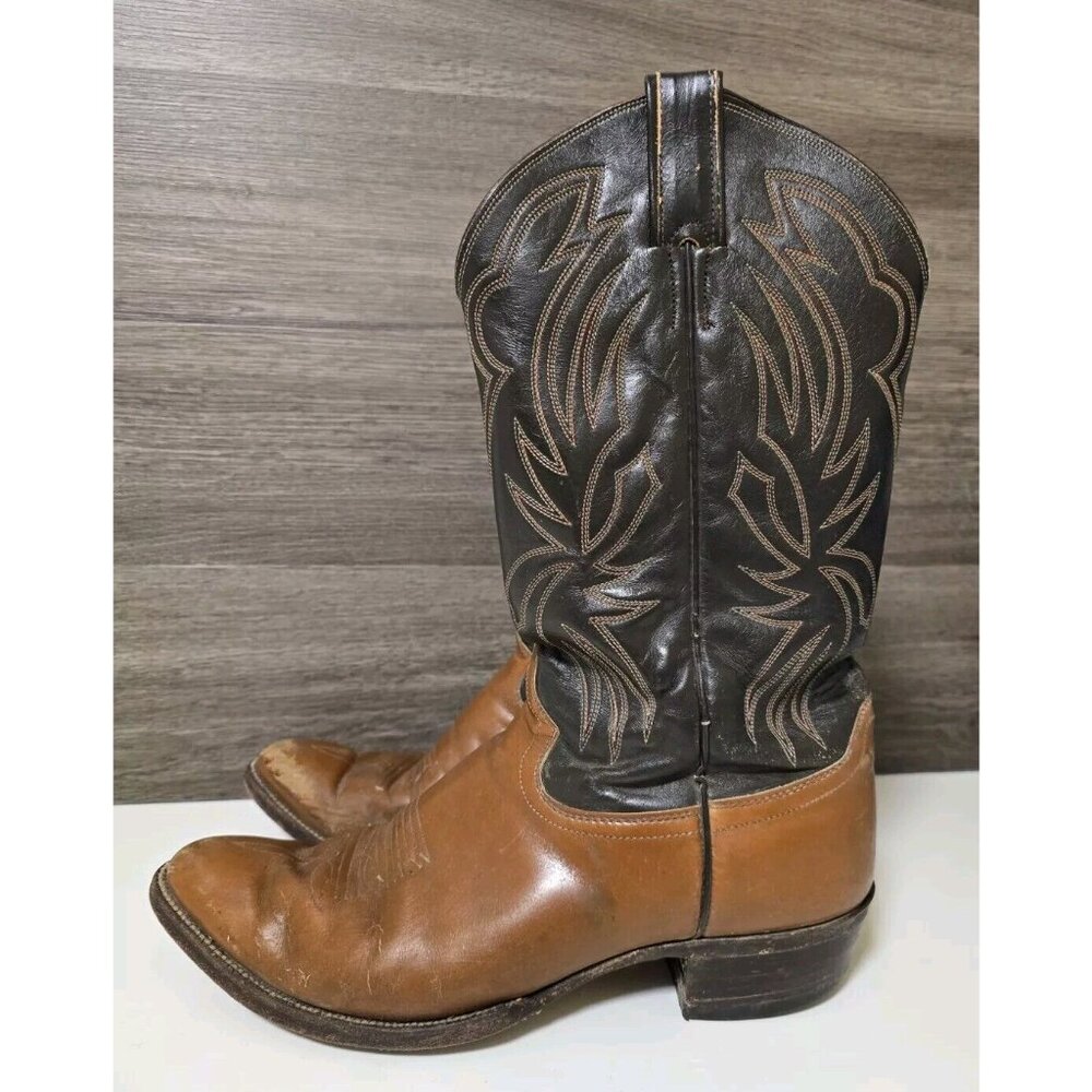Justin Boots Brown and Black Western Cowboy Boots with Intricate Stitching